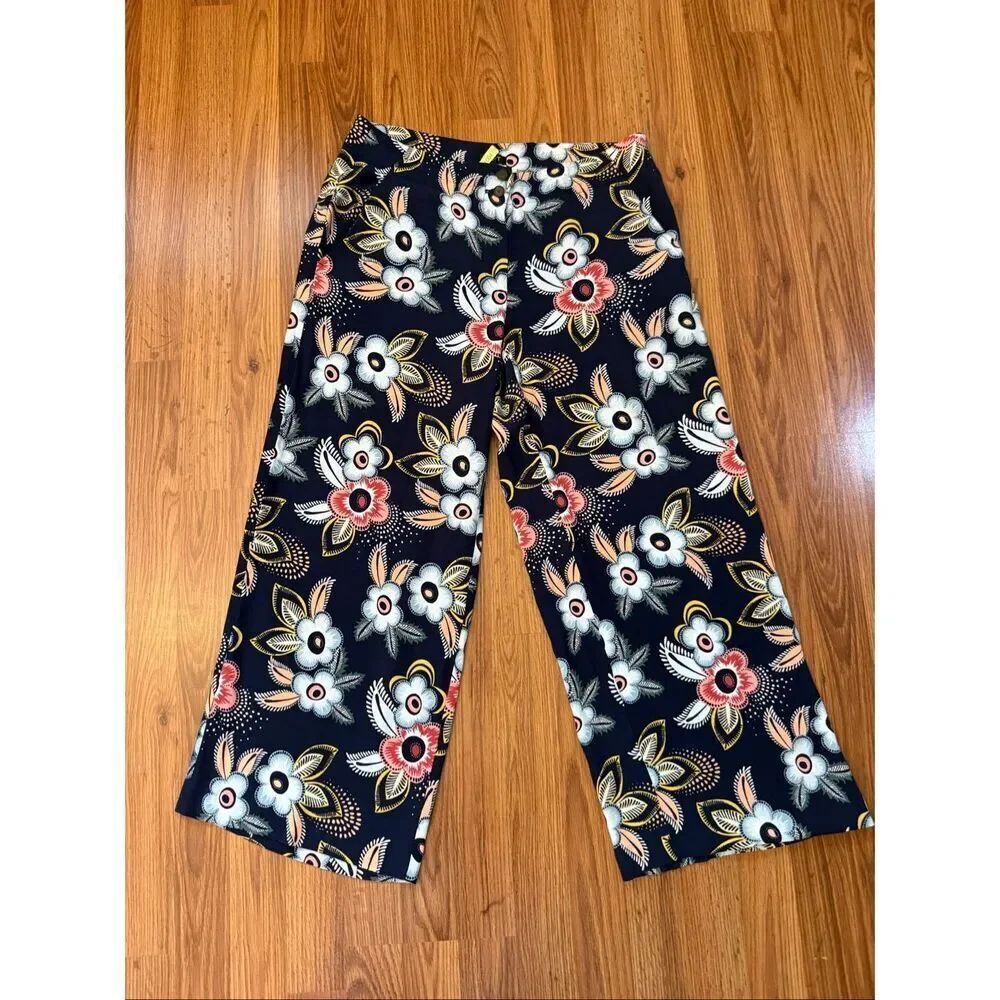 Ann Taylor LOFT Women's Tropical Floral Wide-Leg Cropped Pants Navy Blue Size 6